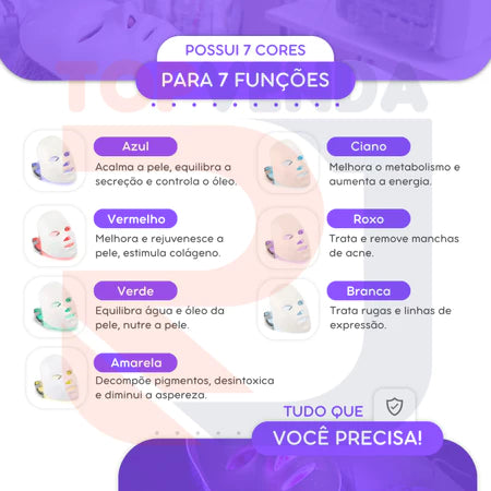 Máscara Facial LED Fototerapia Estética 7 cores + FRETE GRÁTIS